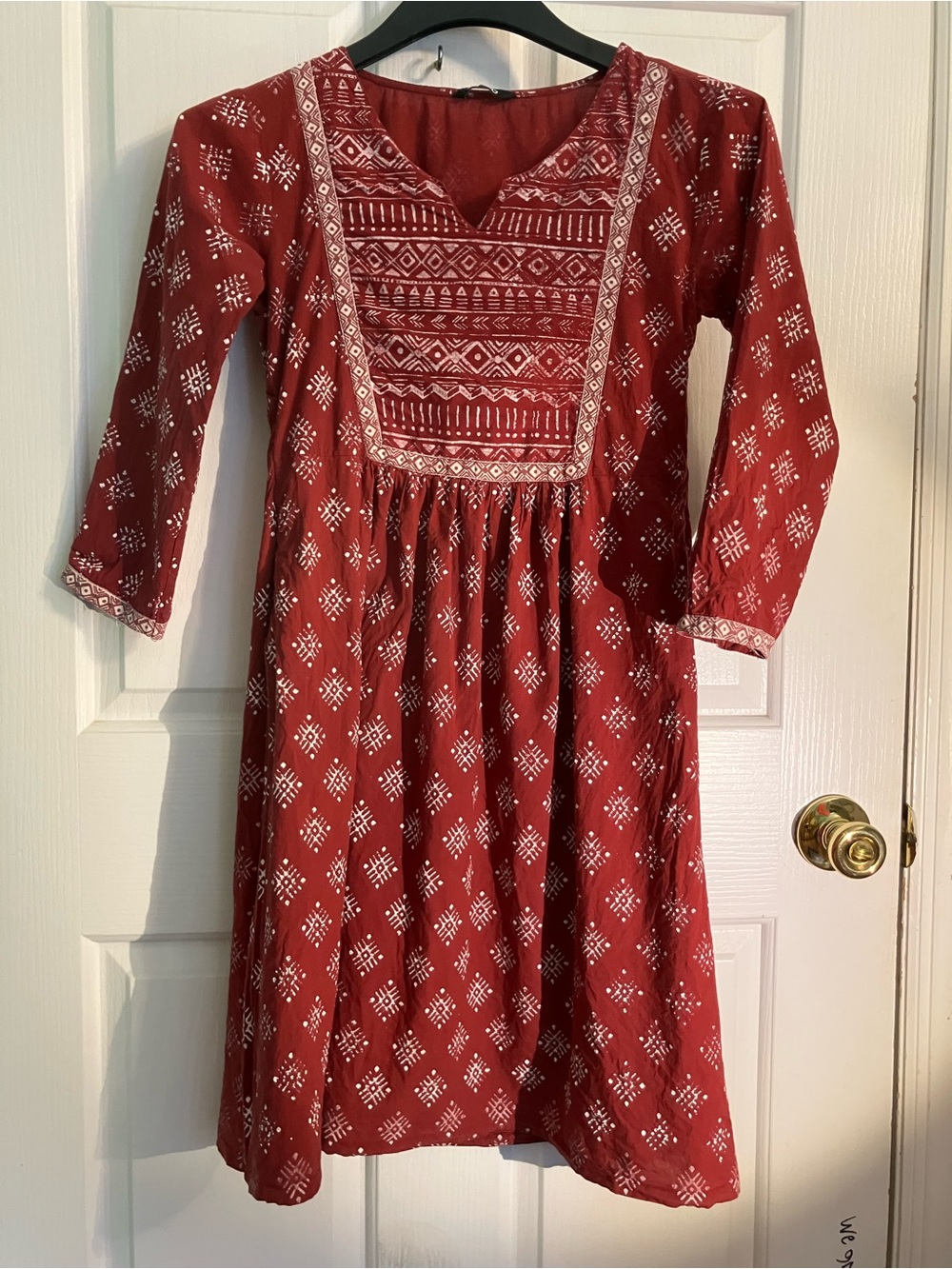 Maroon Printed Cotton Tunic Dress with Embroidered Yoke